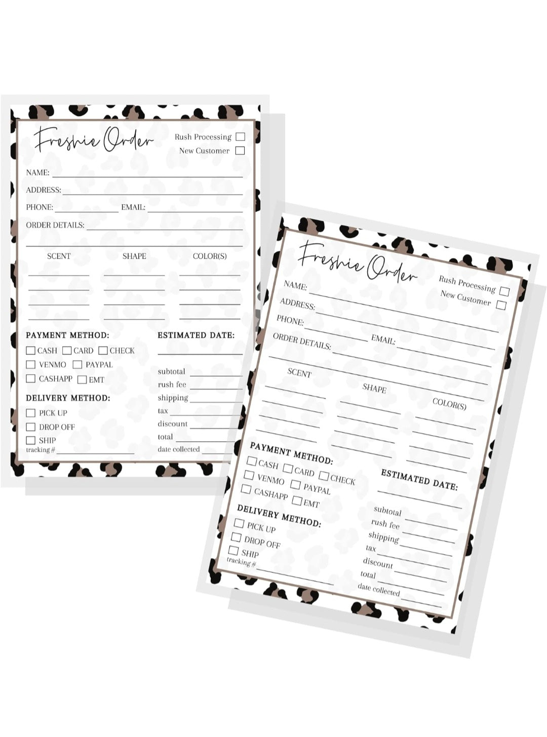 Freshie Order Form | 50 pk | 5x7” inches | Small Business Client Order Forms for Freshie Customer Orders | Freshies Supplies for DIY Crafts for use with Beads and Silicone Molds, Freshies Scent Labels
