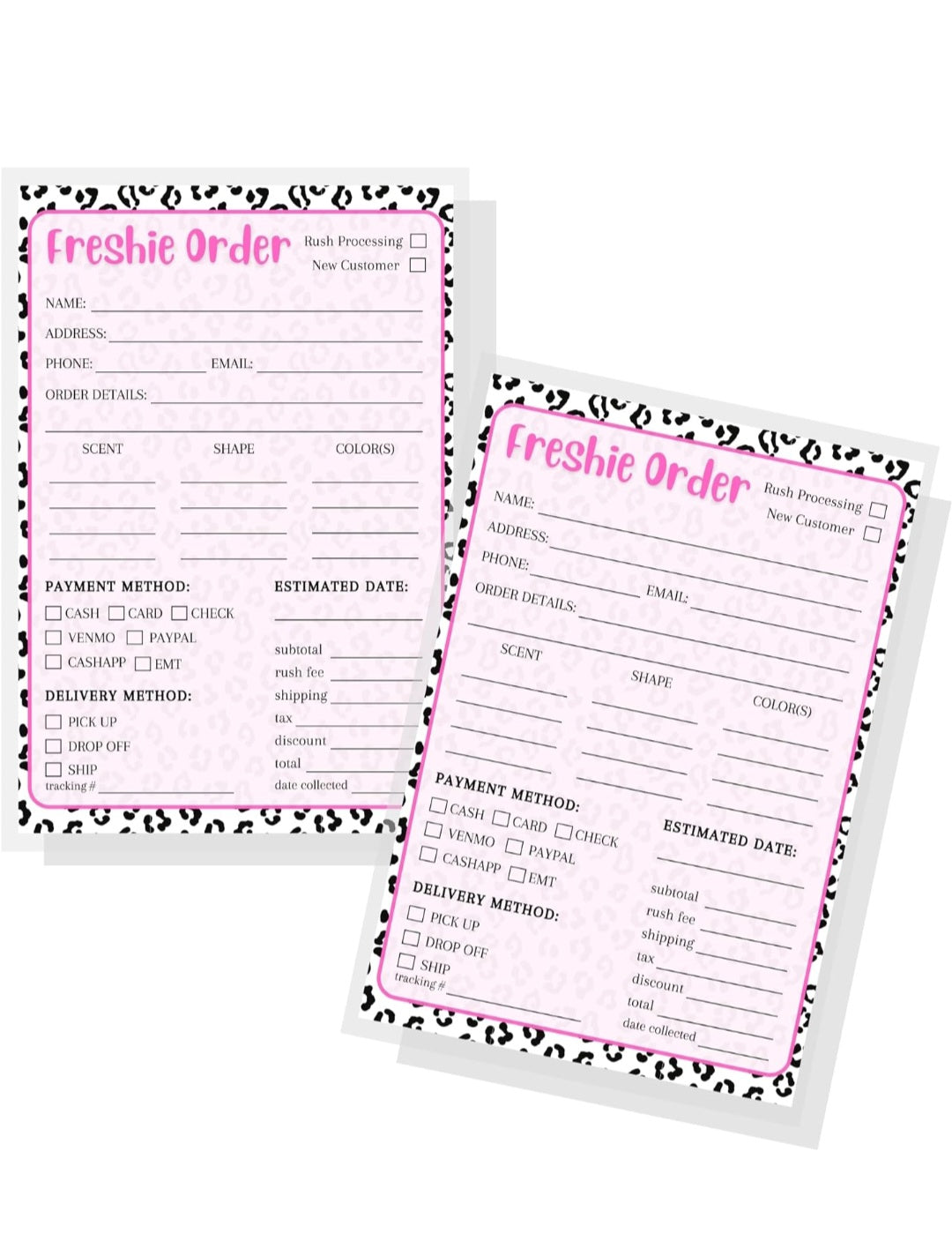 Freshie Order Form | 50 pk | 5x7” inches | Small Business Client Order Forms for Freshie Customer Orders | Freshies Supplies for DIY Crafts for use with Beads and Silicone Molds, Freshies Scent Labels