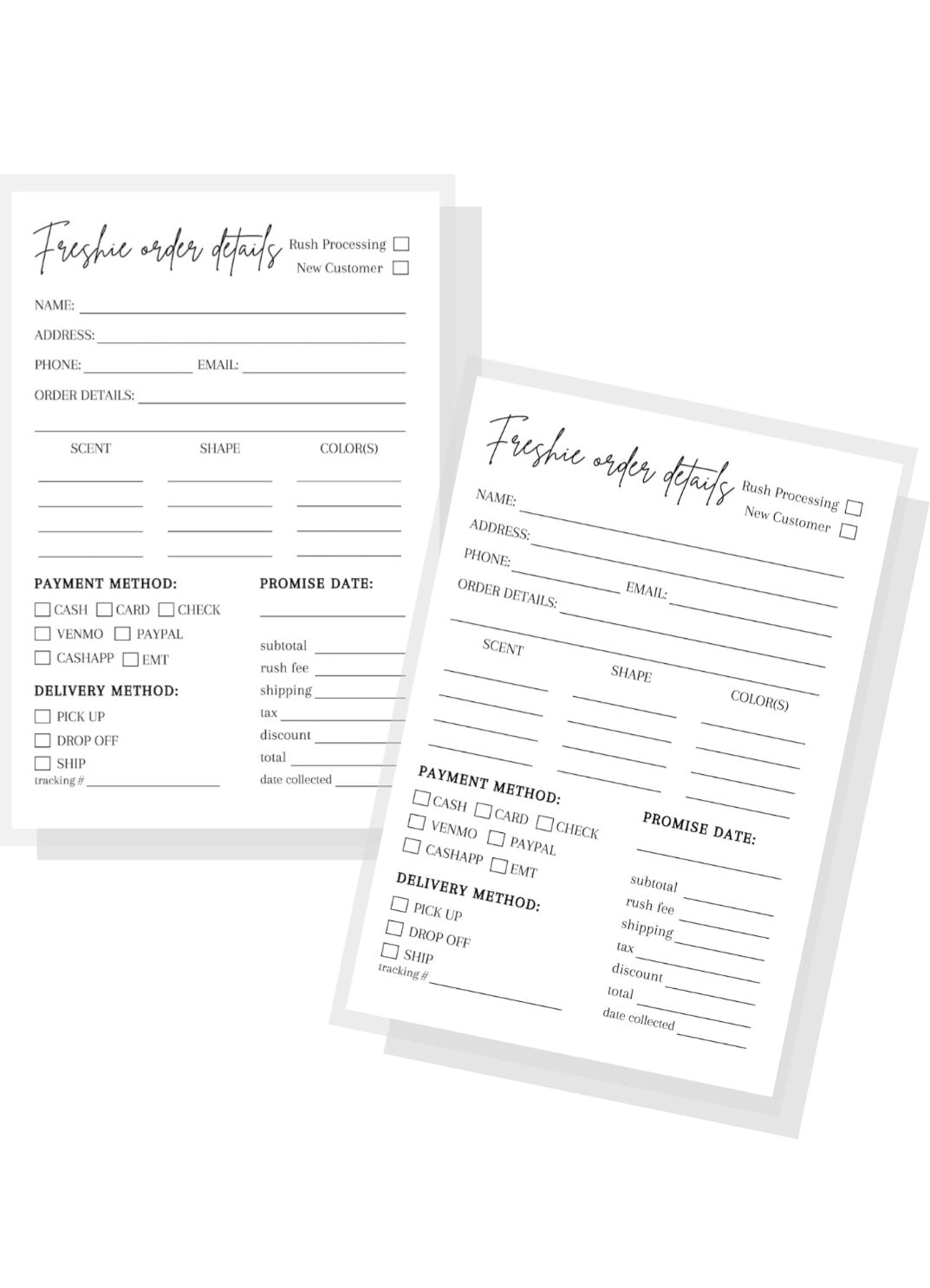 Freshie Order Form | 50 pk | 5x7” inches | Small Business Client Order Forms for Freshie Customer Orders | Freshies Supplies for DIY Crafts for use with Beads and Silicone Molds, Freshies Scent Labels