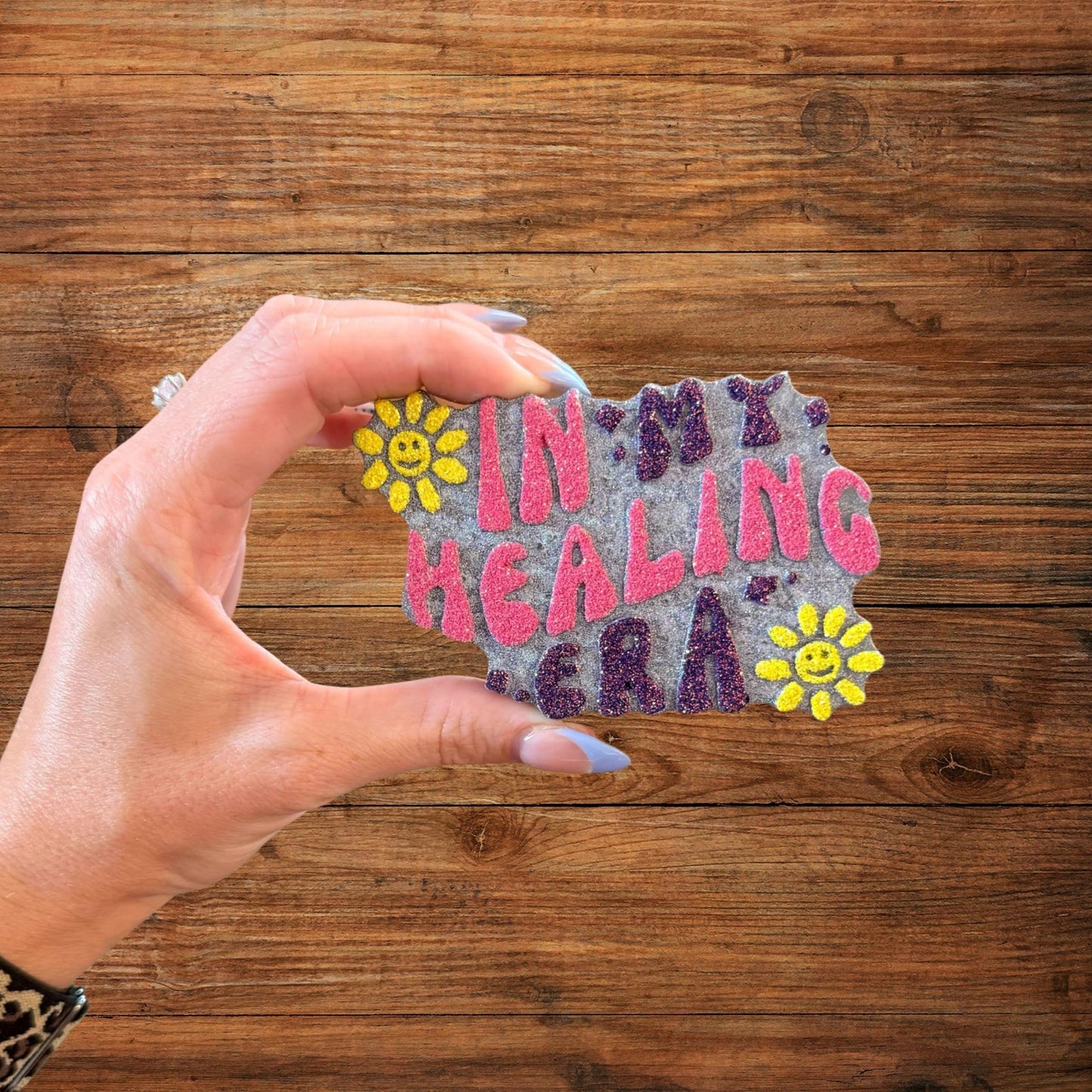 in My Healing Era Silicone Car Freshie Mold 4.5x2.75” Mental Health Mama Scented Aroma Beads Candle Oven Safe Rounds Iced Coffee