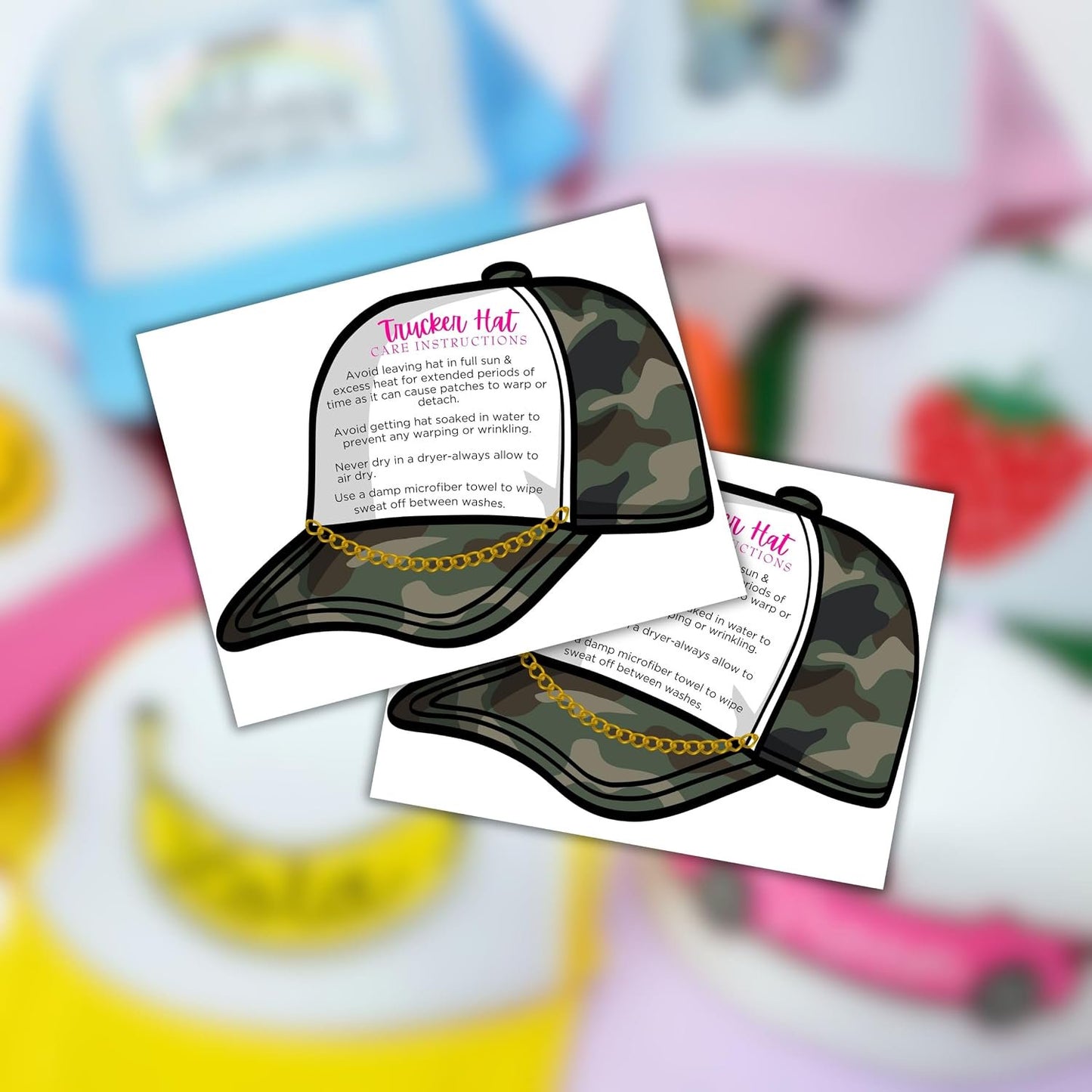 Trucker Hat Care Instruction Cards 30pk 4.25x5.5” Die Cut Patch Press Custom Cleaning Guide Packaging Thank You Boutique Tag DIY