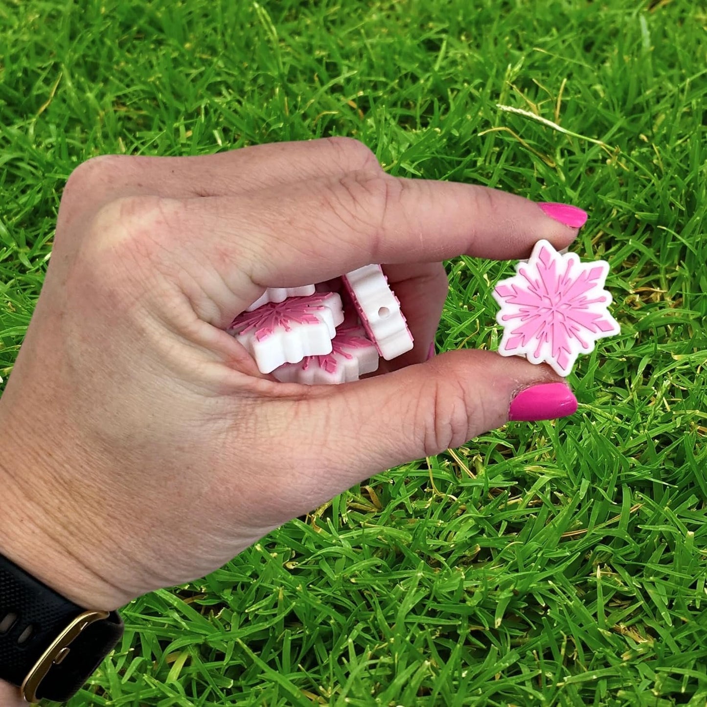 Lashicorn Pink Snowflake Silicone Focal Bead | 12 Pack Christmas Holiday Winter for Freshie Hangers Beaded Pens 1.1” Wholesale Bulk Keychain Brushes