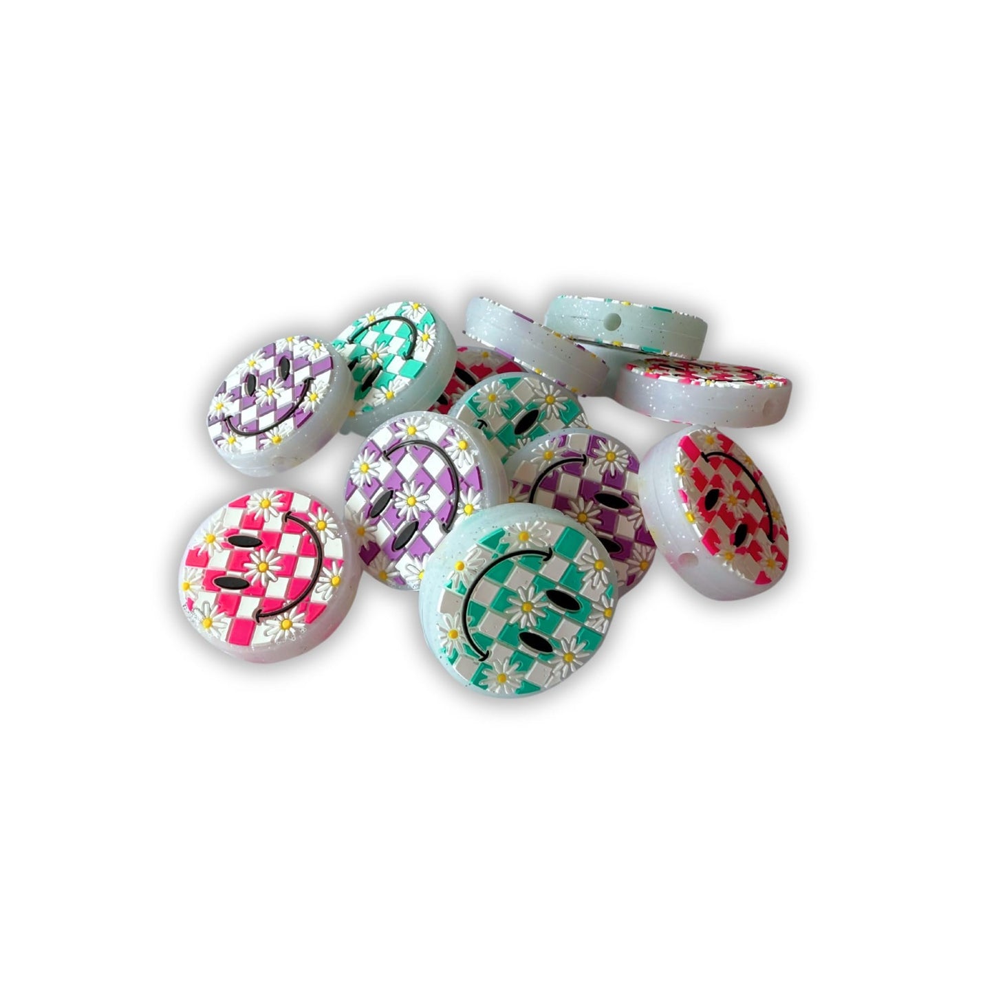 Smiley Checkered Sparkly Face with Flowers Glow in The Dark Circle Clear Silicone Focal Bead Bulk 12pk 2.8cm Mixed Assorted Retro 90’s Pink Teal Purple