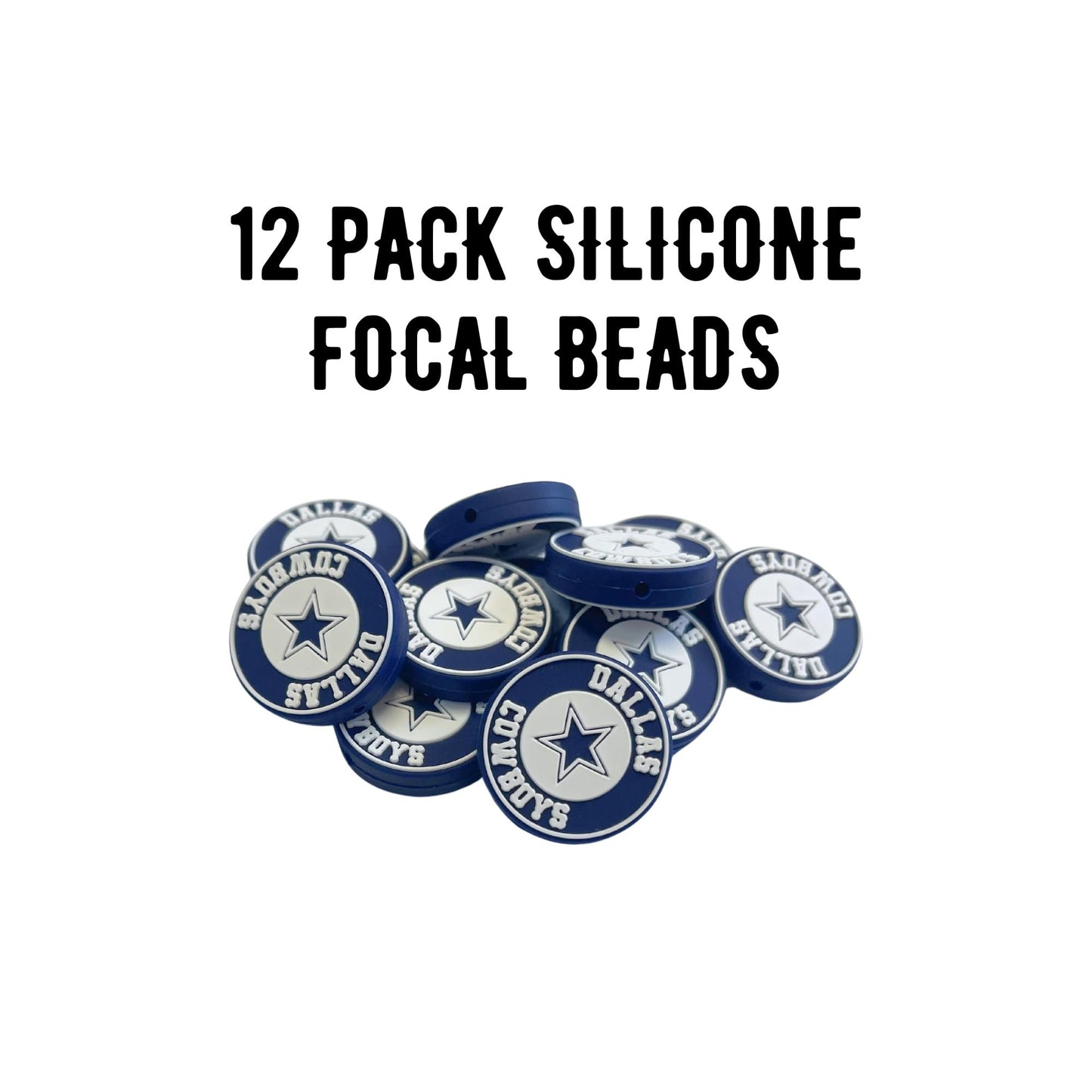Dallas Focal Bead Sports Football Logo 12pk 1.18” for Bulk Keychains Silicone Charm Cowboy Beadable Pens Freshie Hangers Blue and Silver