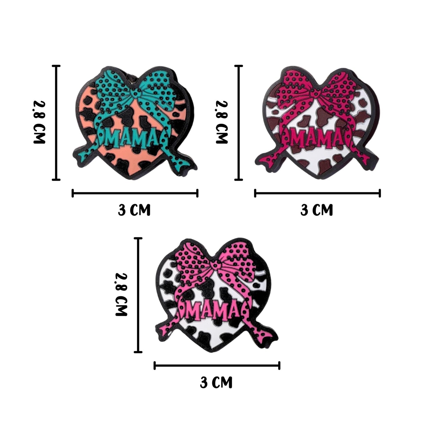 Bow Cow Print Western Style Mama and Heart Shaped Silicone Focal Bead 3cm 12pk Mixed Colors 4pcs Each Design Dog Mom for Beadable Pens Keychains Freshie Hangers