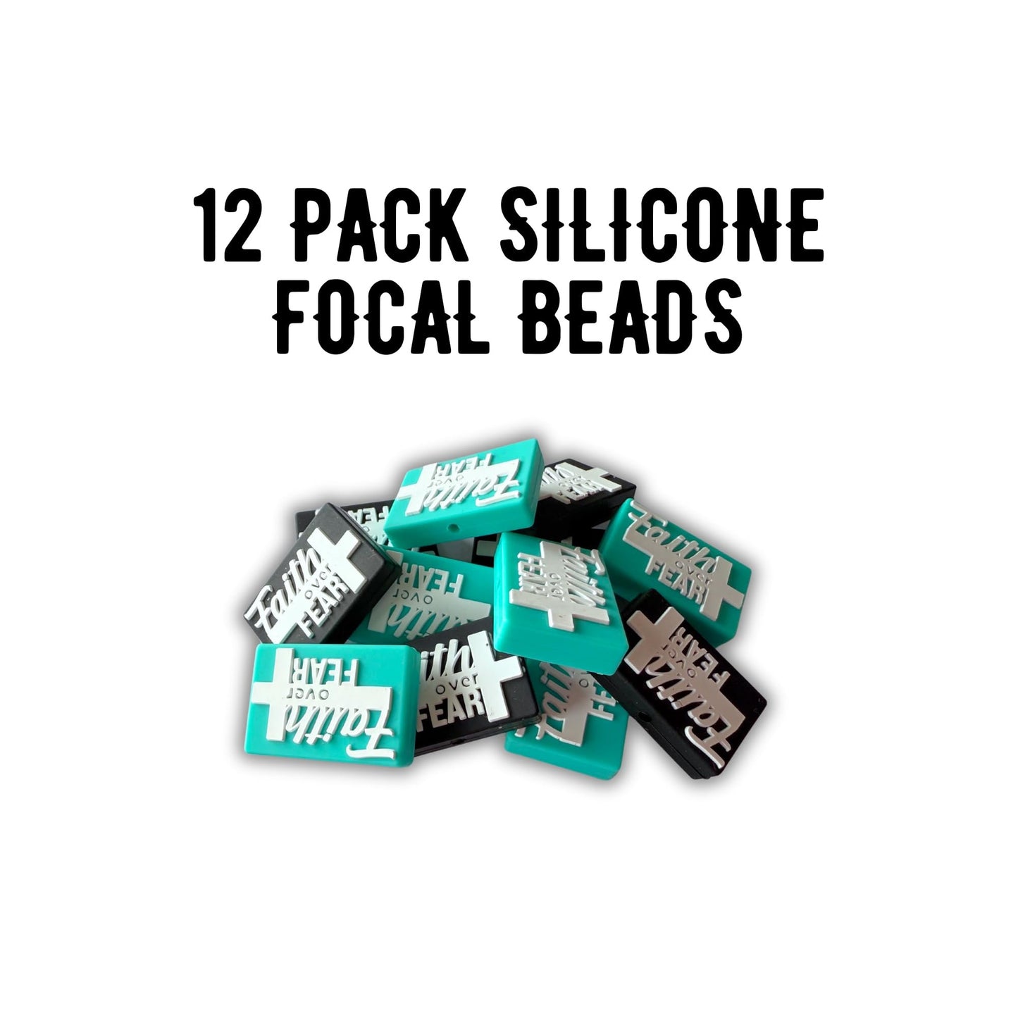 Faith Over Fear Rectangle Silicone Focal Bead 12pk 3x2cm 6pc Each Color Bible Verse Christian Encouragement for Beadable Pen Keychain Freshie Hanger