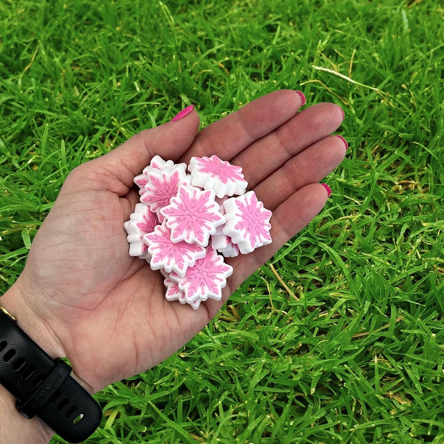 Lashicorn Pink Snowflake Silicone Focal Bead | 12 Pack Christmas Holiday Winter for Freshie Hangers Beaded Pens 1.1” Wholesale Bulk Keychain Brushes