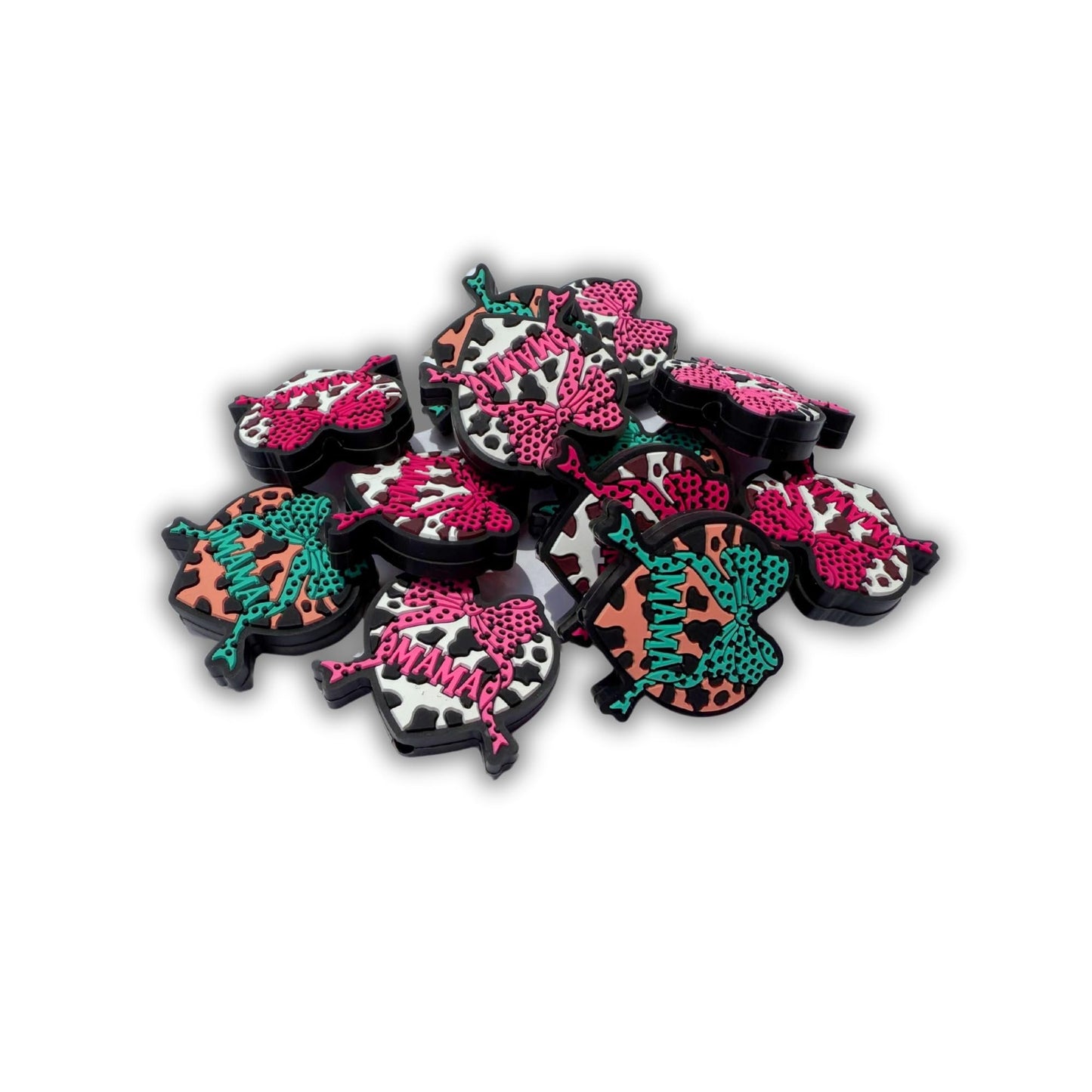 Bow Cow Print Western Style Mama and Heart Shaped Silicone Focal Bead 3cm 12pk Mixed Colors 4pcs Each Design Dog Mom for Beadable Pens Keychains Freshie Hangers