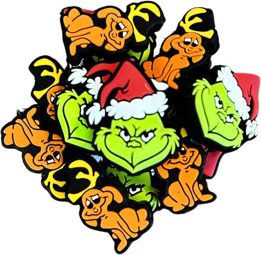 Grinch Silicone Focal Beads | 12 Mixed Pack Max and Mean One for Freshie Hanger Christmas Cardstock Rounds Beadable Makeup Brushes Charms Holiday Beaded Pens Dog Green