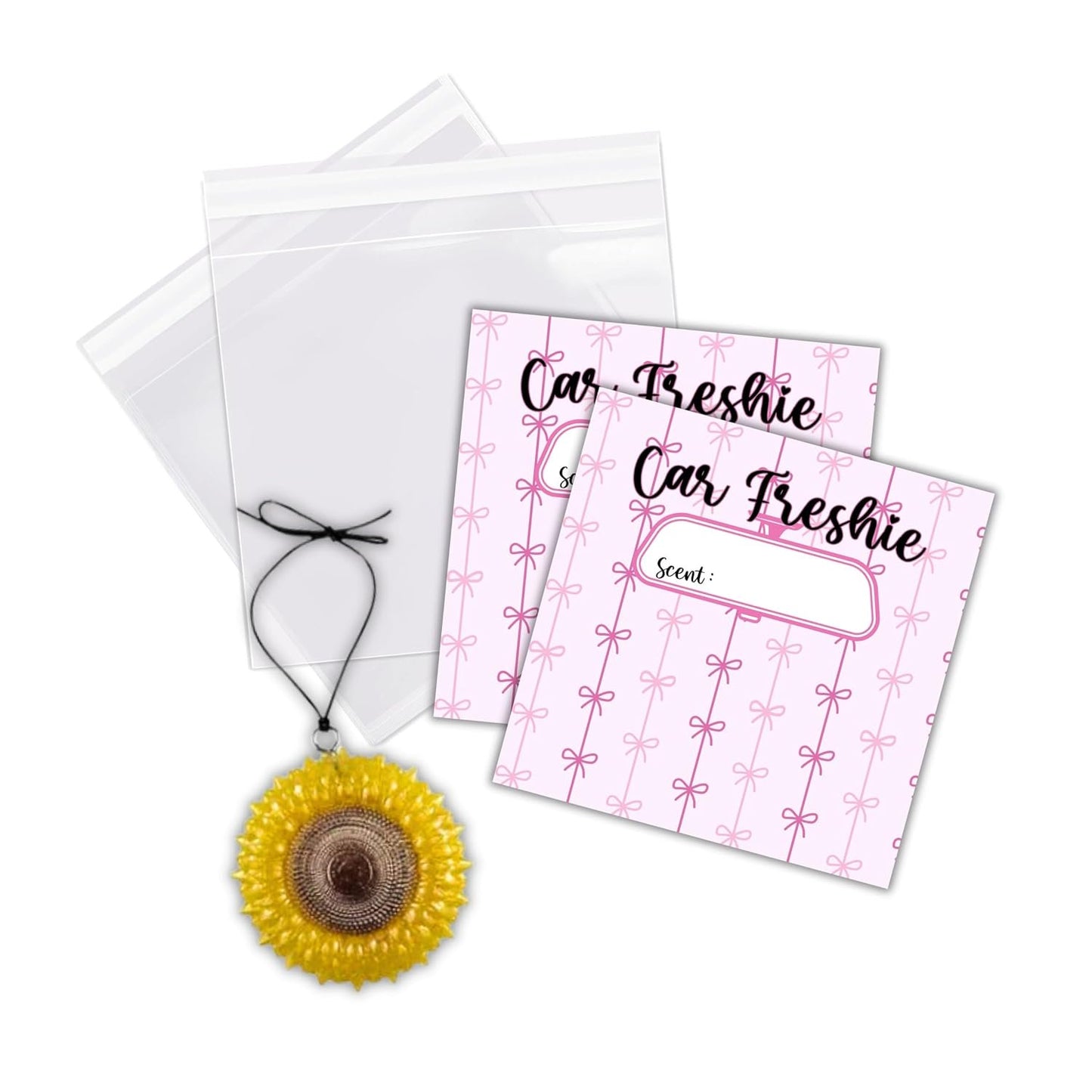 Pink Bow Cardstock Inserts for CarFreshie Bags 30pk 5.6x5.6” Packaging Care Instructions Ideal for Sacks 6” Square Backers for Customers Trendy