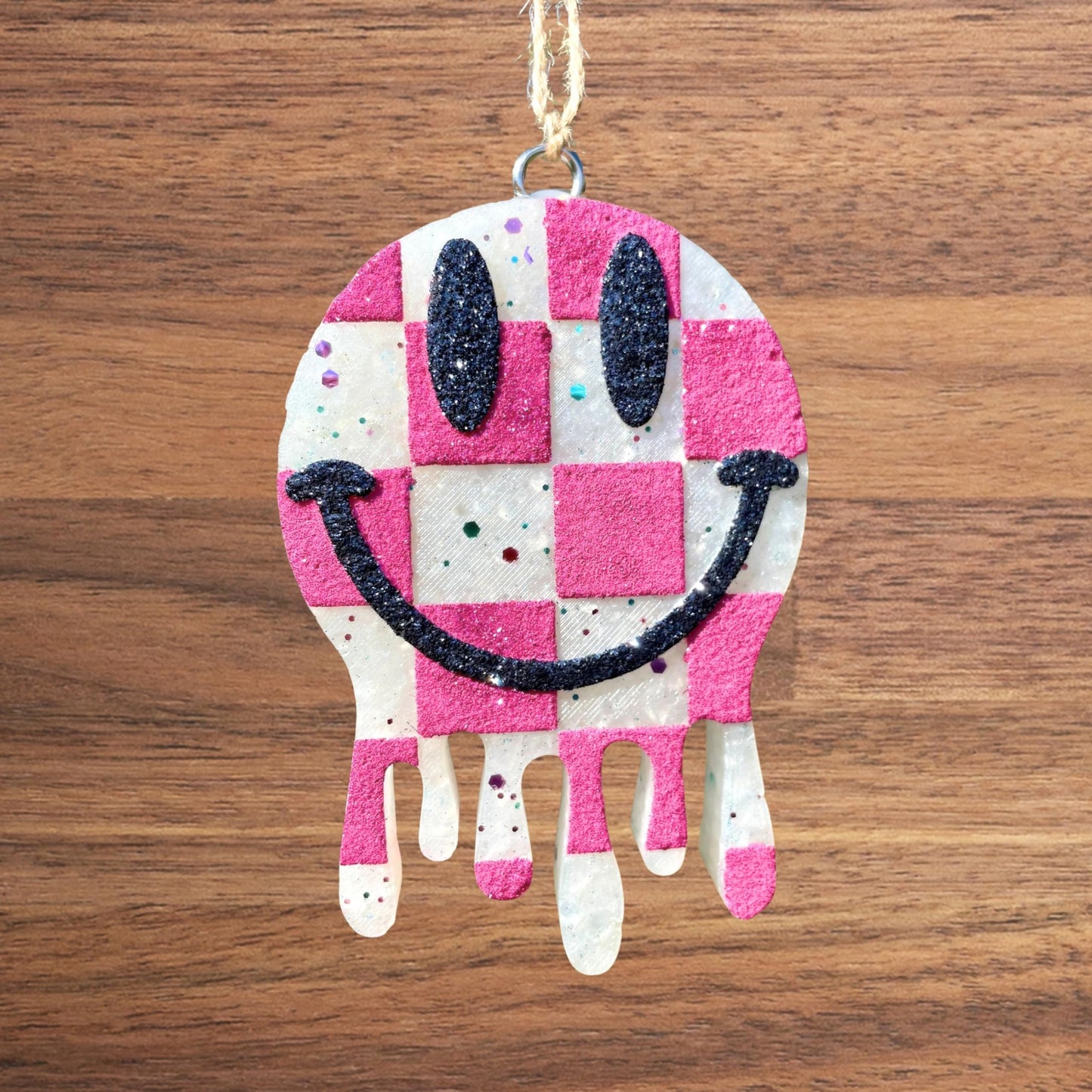 Checkered Drippy Smiley Face Silicone Freshie Mold 2.75x4” 90’s Retro Trendy Car Candle Hanger Unique Drip Design DIY Oven Bake