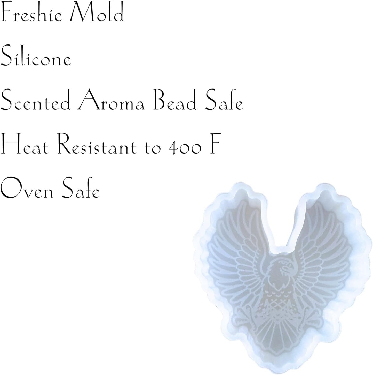 Eagle American Freshie Silicone Mold 4 x 3.5 x 0.8” USA Patriotic Bald Eagle Wings Spread Scented Aroma Beads Supplies Resin, Car Candles, Soap Oven Safe Bake Heat Resistant to 400 F