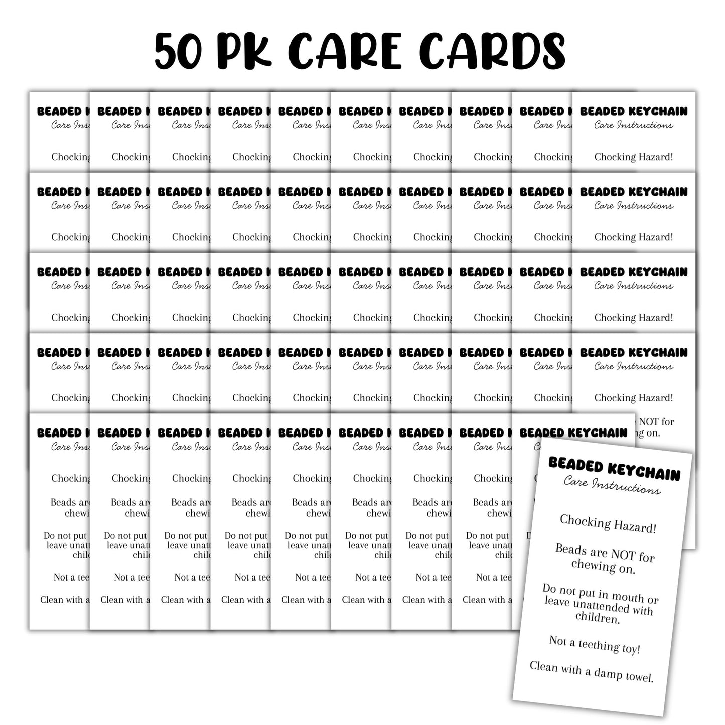Beaded Keychain Care Instruction Cards 50pk 2x3.5” Beadable Blanks for Clients Focal Beads Crafters Pen Makeup Bottle Opener Bubblegum