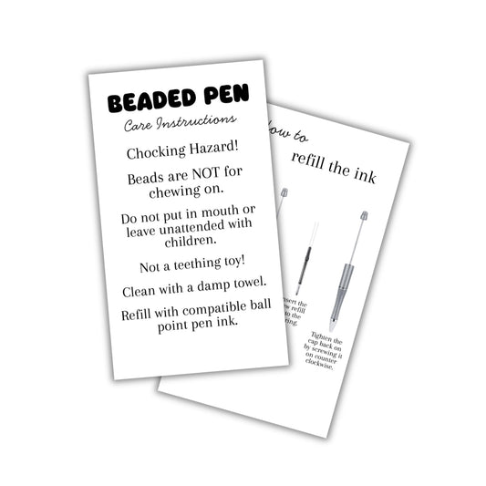 Beaded Pens Care Instruction Cards 50pk 2x3.5” Beadable Blanks for Clients Focal Beads Crafters Keychain Makeup Bottle Opener Bubblegum