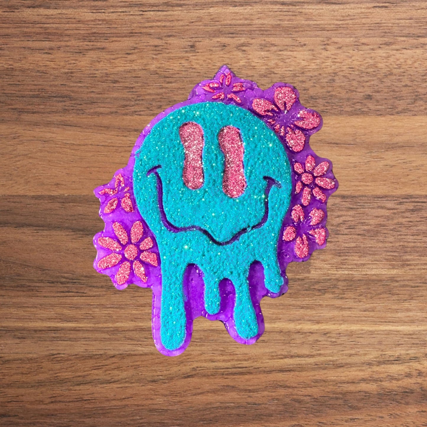 Drip Smiley Face with Flowers Silicone Freshie Mold 5x4” 90’s Retro Trendy Drippy Car Candle Freshener Oven Safe Bake Unique Checkered