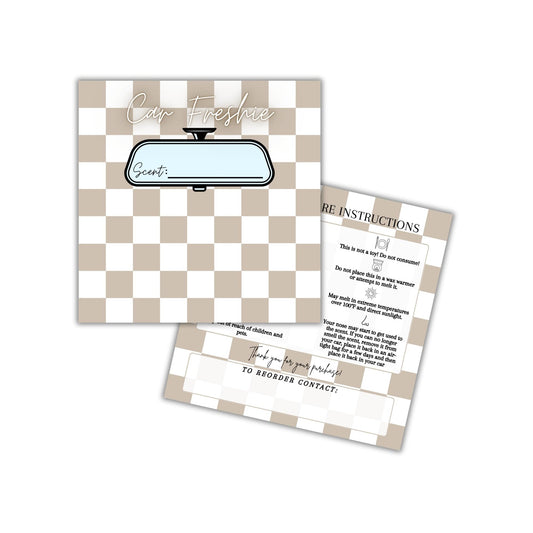 Tan Checkered Freshie Cardstock Insert for Holographic Bag 30pk 5.6x5.6” for 6” Square Bags Car Freshies Rounds Vent Clips Care Instructions