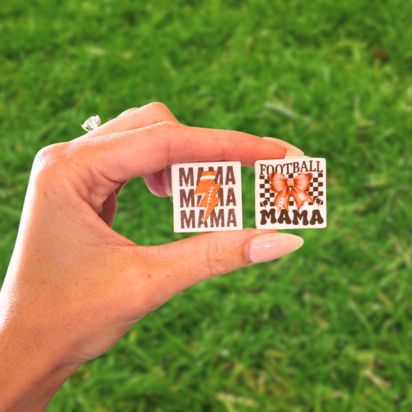 Football Mamas Square Silicone Focal Beads 12pk 2.7cm Lightening Sports Bow for Beadable Pens Freshie Hangers Keychains Coach Gift