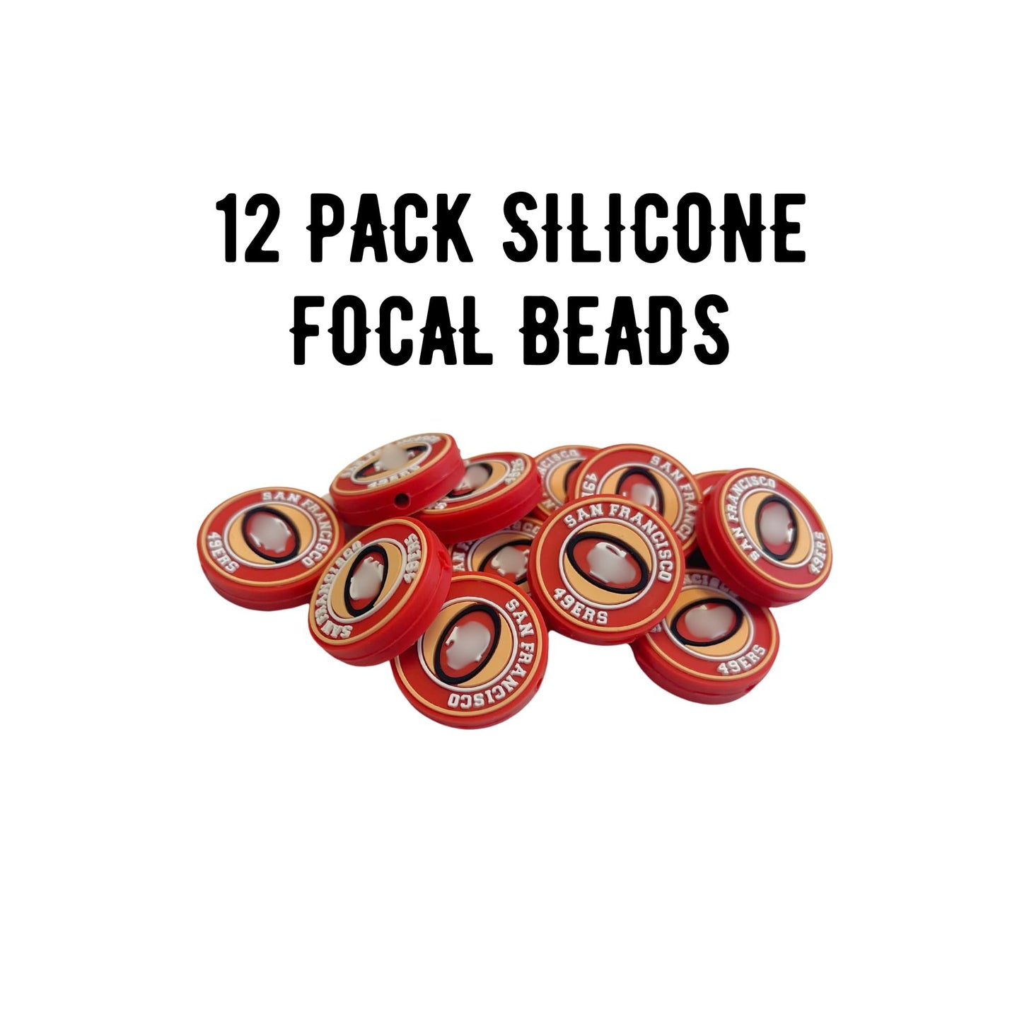San Focal Bead Sports Fransisco Football 12pk 1.1” for Bulk Keychains Silicone Charm Beadable Pens Freshie Hangers Red and Gold Pro Game Day Circle