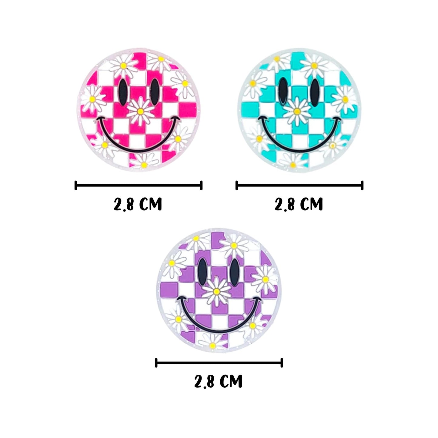 Smiley Checkered Sparkly Face with Flowers Glow in The Dark Circle Clear Silicone Focal Bead Bulk 12pk 2.8cm Mixed Assorted Retro 90’s Pink Teal Purple