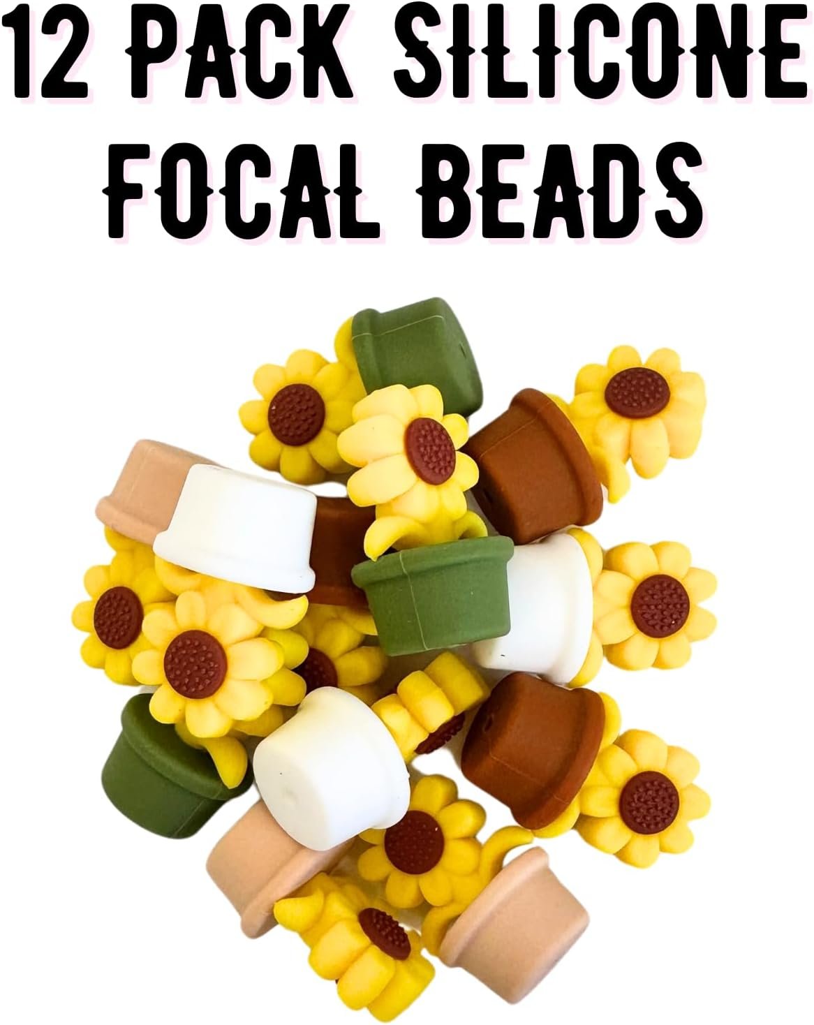 Sunflower Silicone Focal Bead Set | 12 Pc Mixed Pack Boho Colors Summer Succulent Green Potted Flower Bulk Wholesale for Keychain Making Kit Pen Freshie Hanger