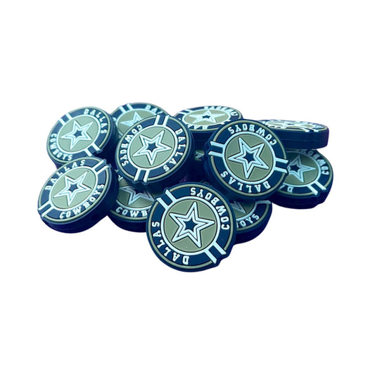 Dallas Focal Bead Sports Football Circle 12pk 1.17” for Bulk Keychains Silicone Charm Beadable Pens Freshie Hangers Logo Blue Silver