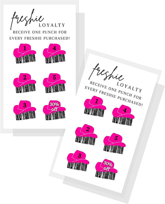 Freshie Loyalty Cards with Fringe Cowgirl Hats | 50 Pack | 2" x 3.5" inches Business Card Size | Freshies Supplies | Customer Loyalty | White Card with Pink Hats