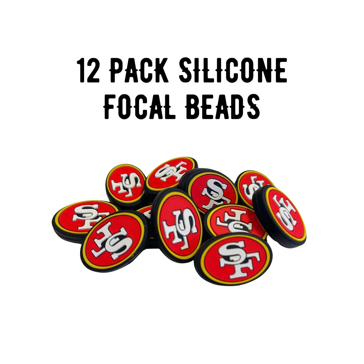 Francisco Focal Bead Sports San Football 12pk 1.17” for Bulk Keychains Silicone Charm Beadable Pens Freshie Hangers Logo Game Day Red White Gold