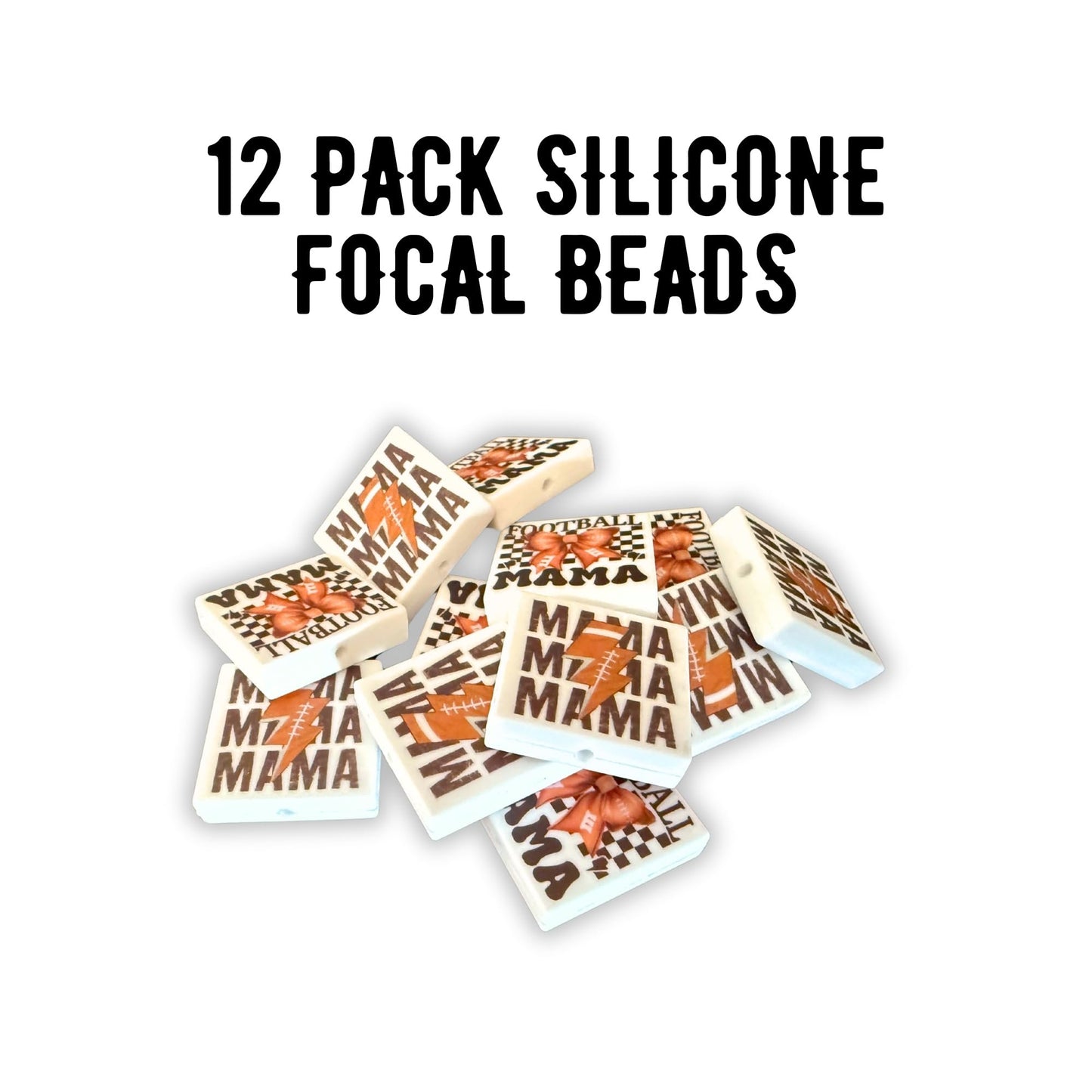 Football Mamas Square Silicone Focal Beads 12pk 2.7cm Lightening Sports Bow for Beadable Pens Freshie Hangers Keychains Coach Gift