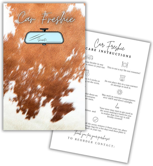 Car Freshie Insert Cards | 50 pk 5.5x8.5” Cow Print Western, fits in 6x9” for Holographic Bags Freshie Scent Label Care Instruction Cardstock