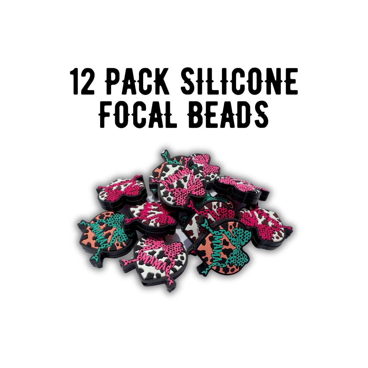 Bow Cow Print Western Style Mama and Heart Shaped Silicone Focal Bead 3cm 12pk Mixed Colors 4pcs Each Design Dog Mom for Beadable Pens Keychains Freshie Hangers