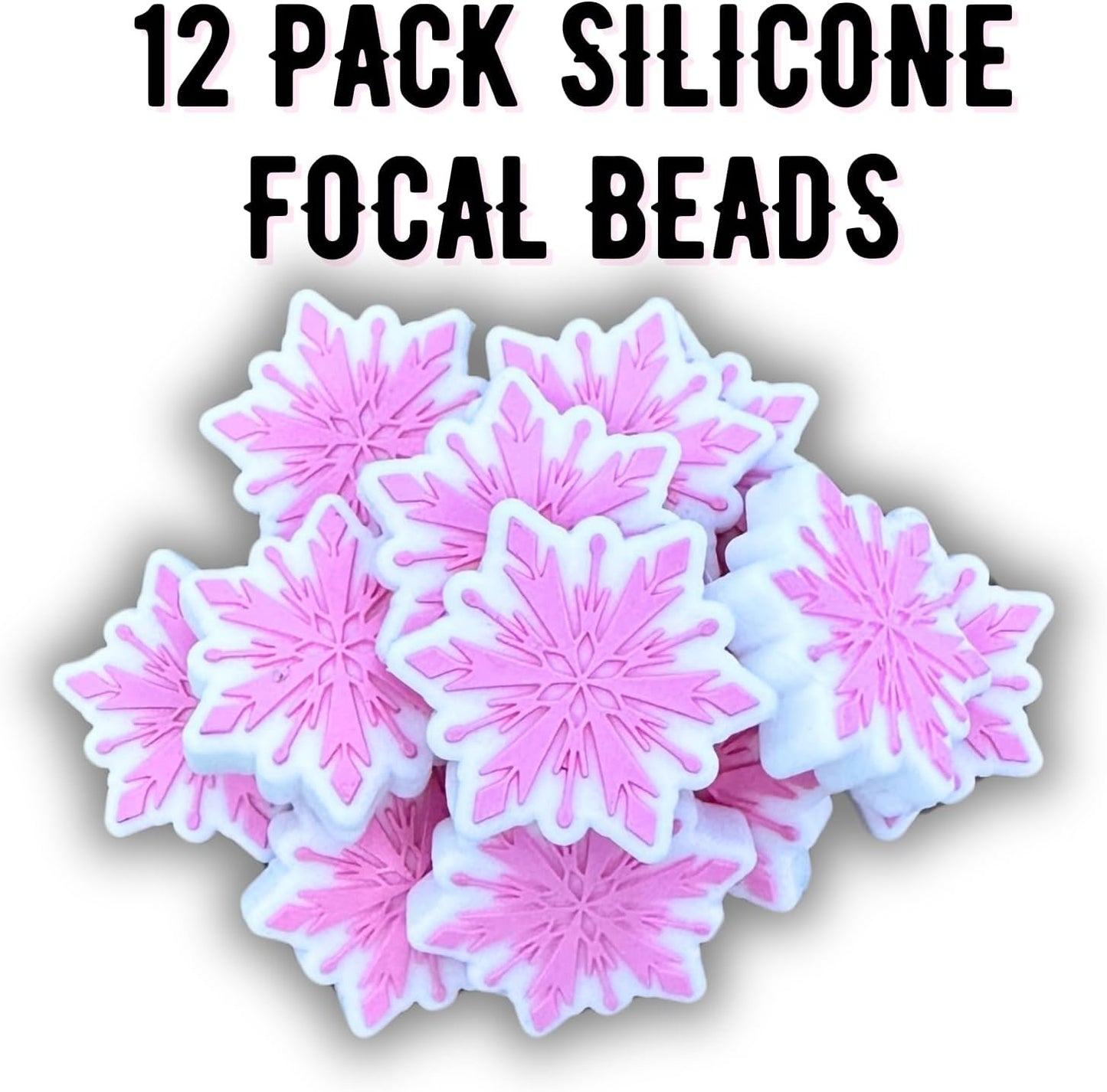Lashicorn Pink Snowflake Silicone Focal Bead | 12 Pack Christmas Holiday Winter for Freshie Hangers Beaded Pens 1.1” Wholesale Bulk Keychain Brushes