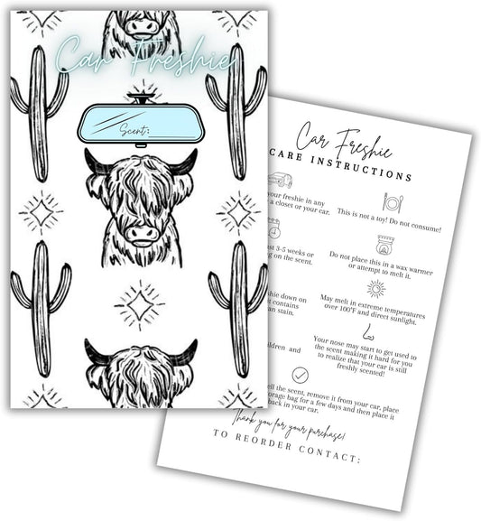 Car Freshie Insert Cards | 50 pk 5.5x8.5” Cactus Cow Modern Simple, fits in 6x9” for Holographic Bags Freshie Scent Label Care Instruction Cardstock