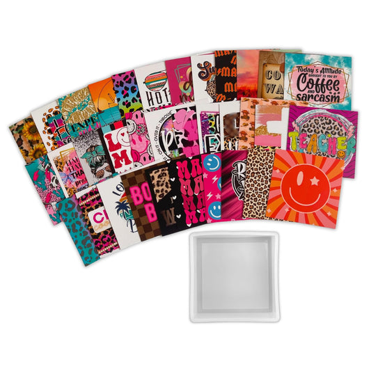 3.5” Inch Square Freshie Mold + 34 pcs Cardstock Cut Outs Mixed Pack Aroma Beads Care Instructions Cutouts for Freshies 2 pcs Pack