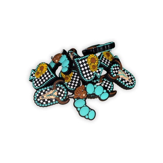 Cow Checkered Western Teal Silicone Focal Beads Mixed Assorted Skull Bulk Pack 12pc 2.75cm for Beadable Pens Keychains Freshie Hangers