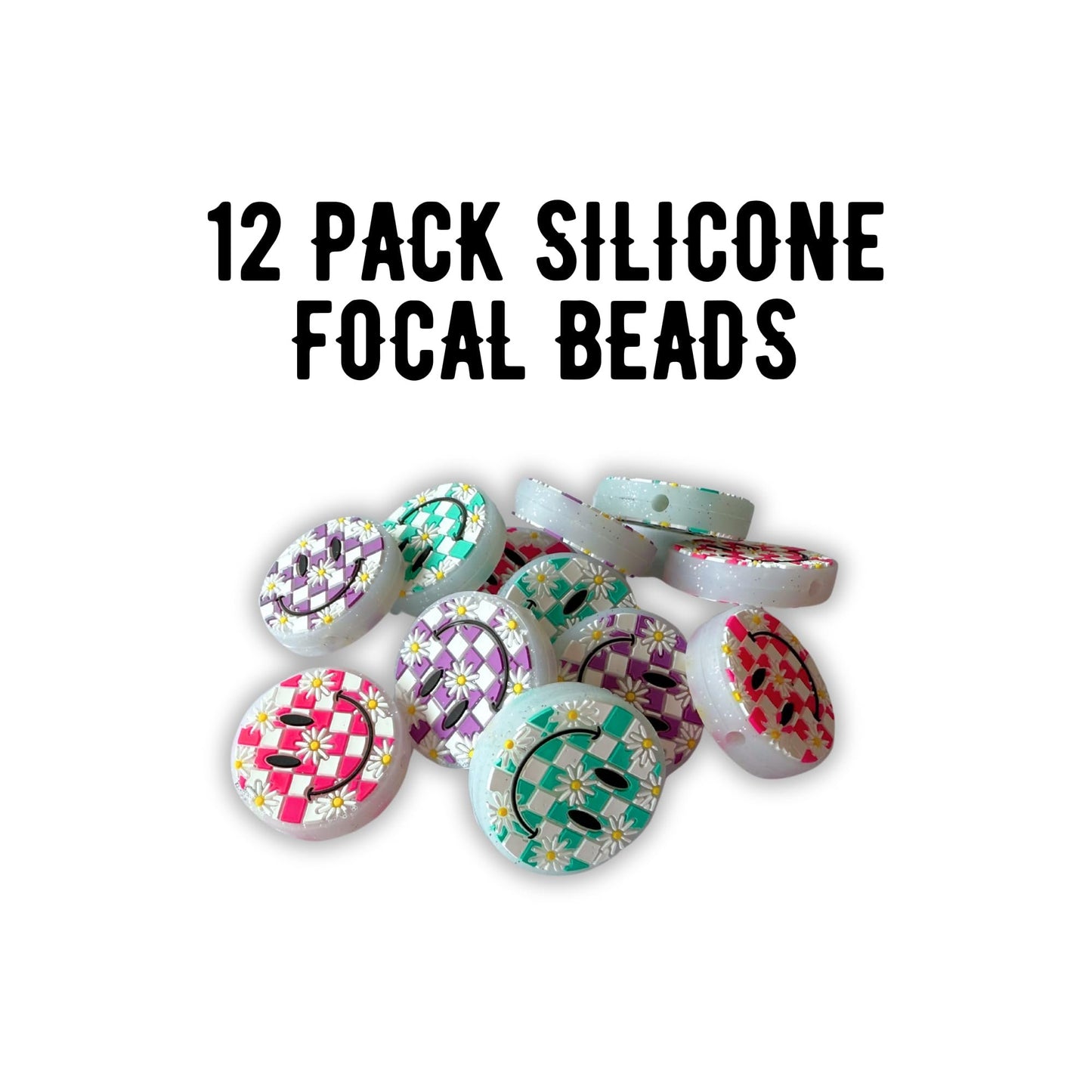 Smiley Checkered Sparkly Face with Flowers Glow in The Dark Circle Clear Silicone Focal Bead Bulk 12pk 2.8cm Mixed Assorted Retro 90’s Pink Teal Purple