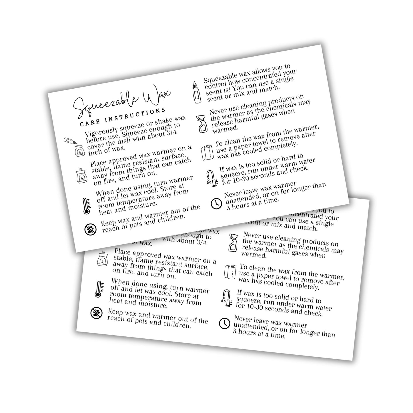 Squeezy Squeezable Wax Bottle Care Instruction Cards | 50 pk 3.5 x 2”