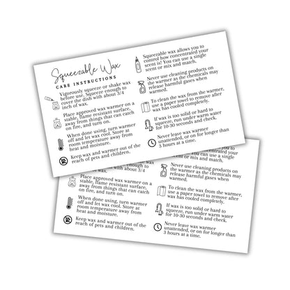 Squeezy Squeezable Wax Bottle Care Instruction Cards | 50 pk 3.5 x 2”