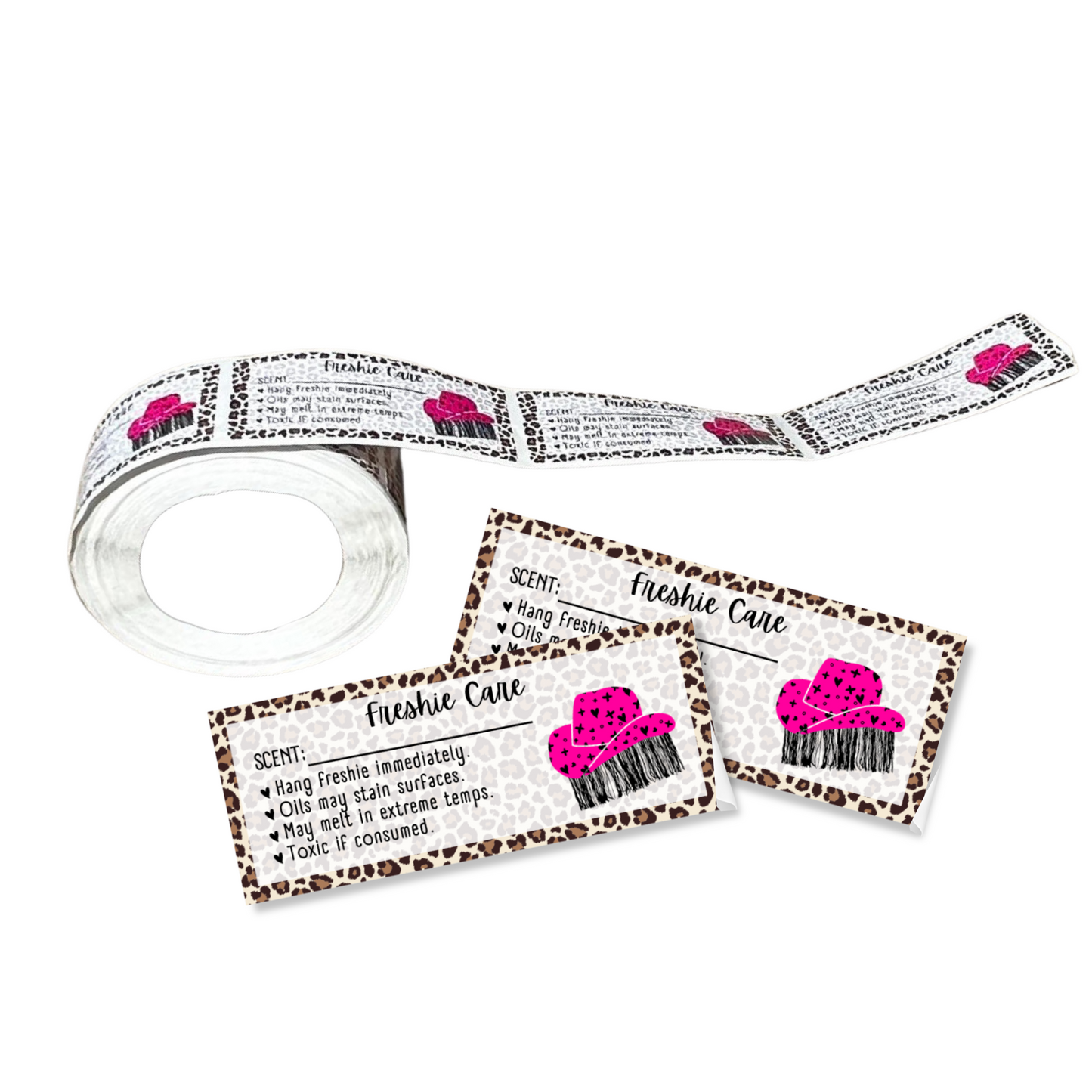 Leopard Pink Cowboy Hat Fringe Warning Labels Customer Package 1x2.5” |350 pc roll