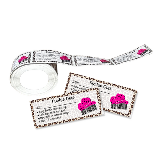 Leopard Pink Cowboy Hat Fringe Warning Labels Customer Package 1x2.5” |350 pc roll