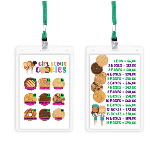 Scout Cookie Price List Reference Girl Cookie Booth Lanyard | 5 pk 4x6” in Clear Sleeve with Green Lanyard