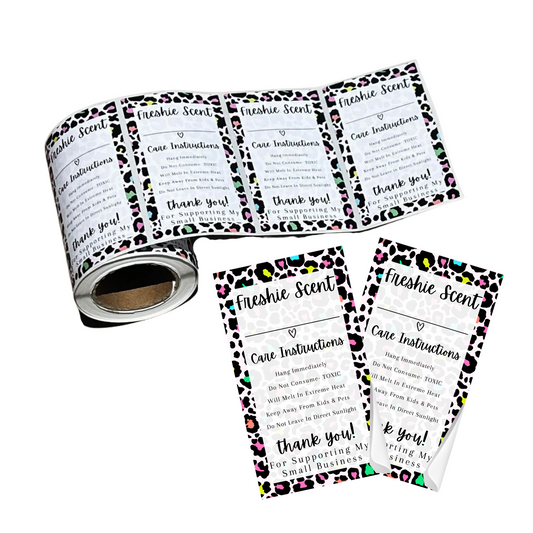 Freshie Warning Care Instruction Card Stickers | 200 Sticker Roll | 2x3.5” Rainbow Leopard