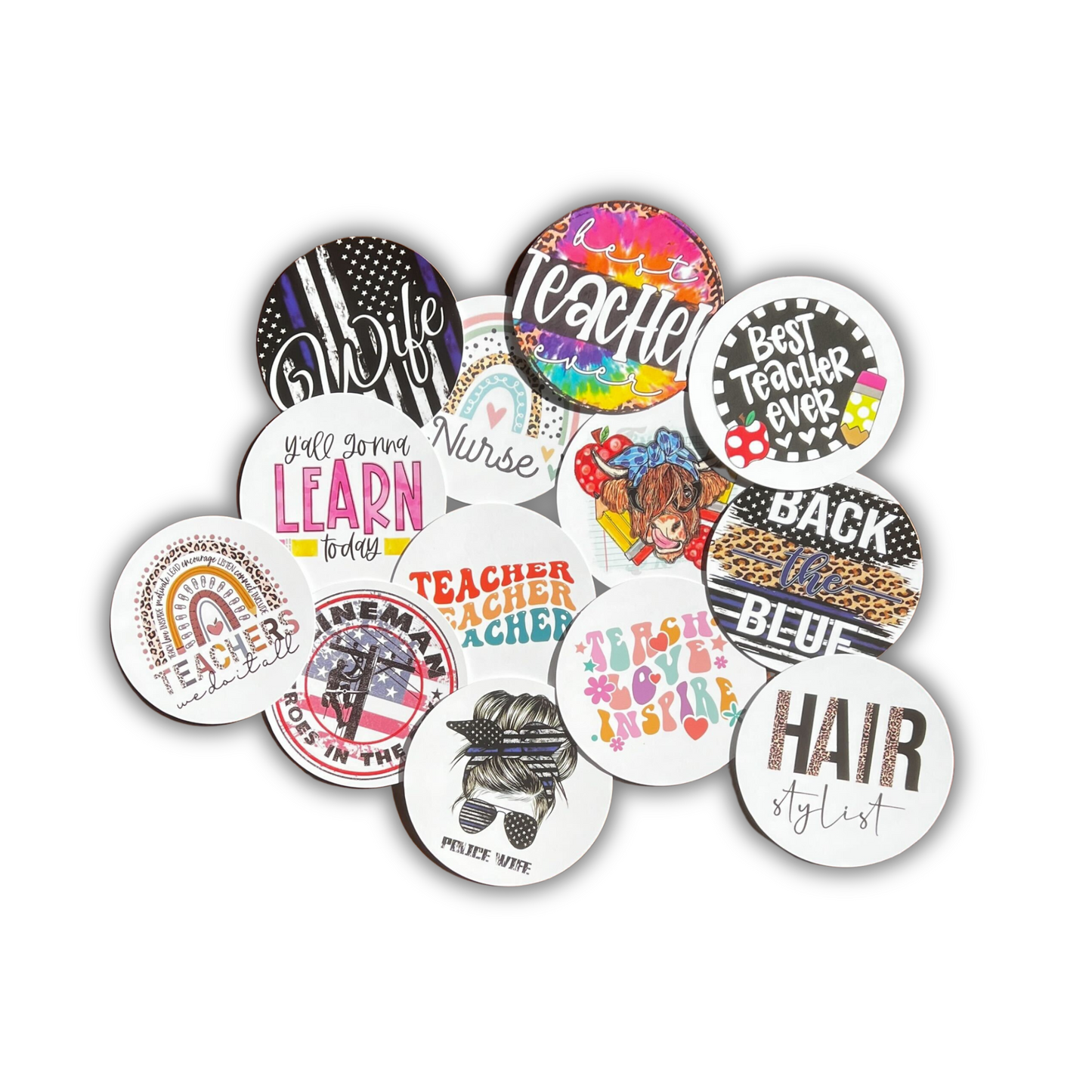 Freshie Occupation Cardstock Cutouts Rounds 2.5” in for Freshies Random Mix | 12 pk | For Scented Aroma Beads Bake with Mold for Car Freshie Designs, Nurses, Hairdresser, Mama, Linemen, Teachers Gifts