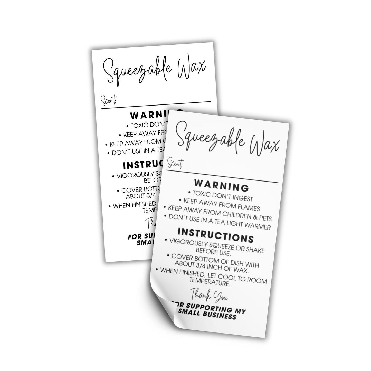 Squeezable Squeezy Wax Instruction Stickers | 250 pc per Roll 2x3.5” Minimalist Cute Warning Labels for Warmer Squish Liquid Scent Write in