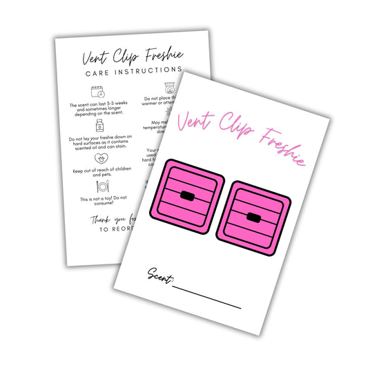 Vent Clip Freshie Package Insert Card with Card Instructions 4x6 - 50 Pack -White and Pink