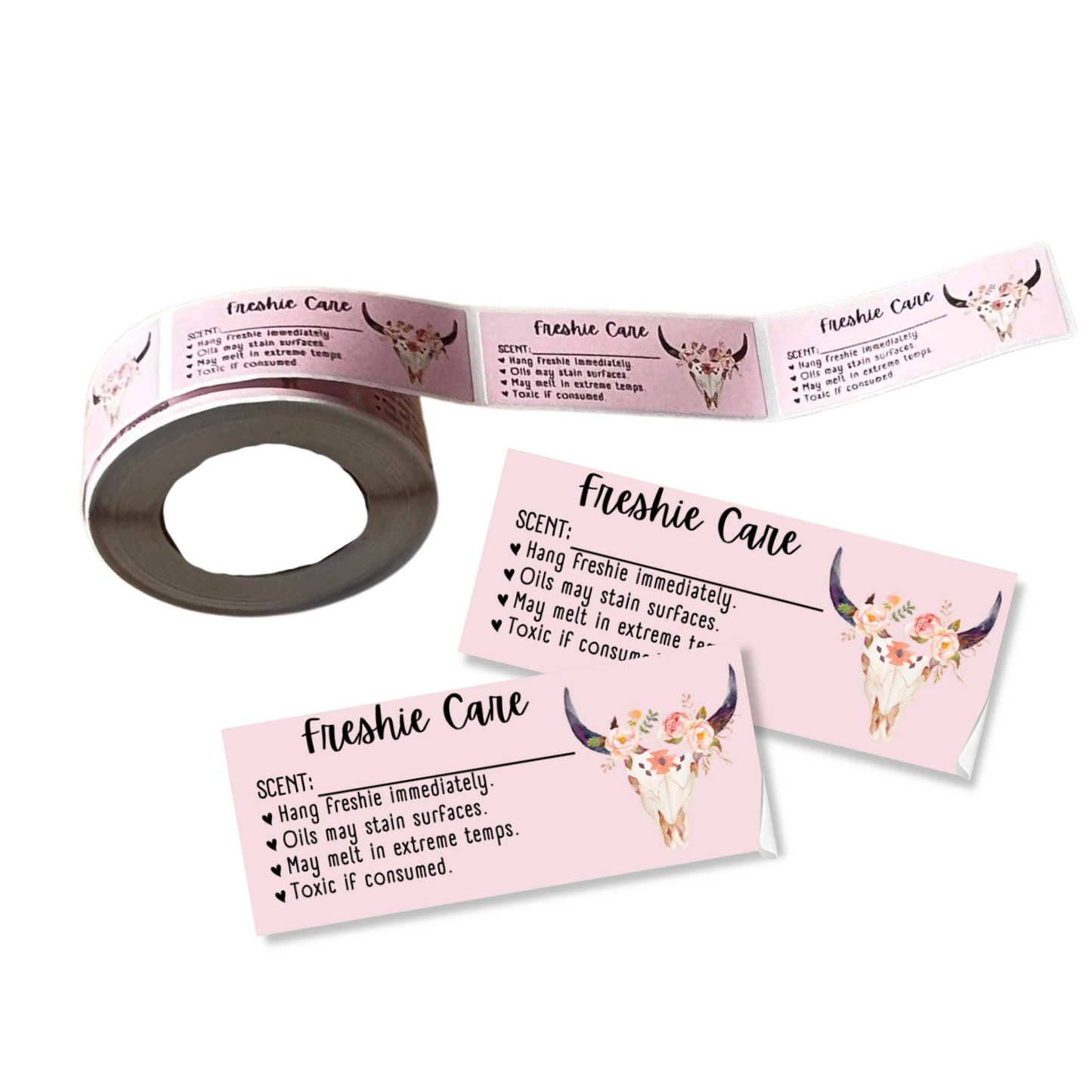 Light Pink Bull Skull Fringe Warning Labels Customer Package 1x2.5” |350 pc roll