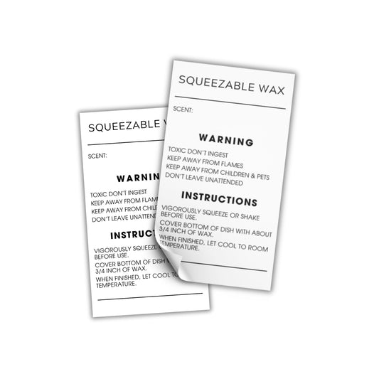 Squeezable Squeezy Wax Instruction Stickers | 250 pc per Roll 2x3.5” Minimalist Warning Labels for Warmer How to Use Liquid Scent Write in