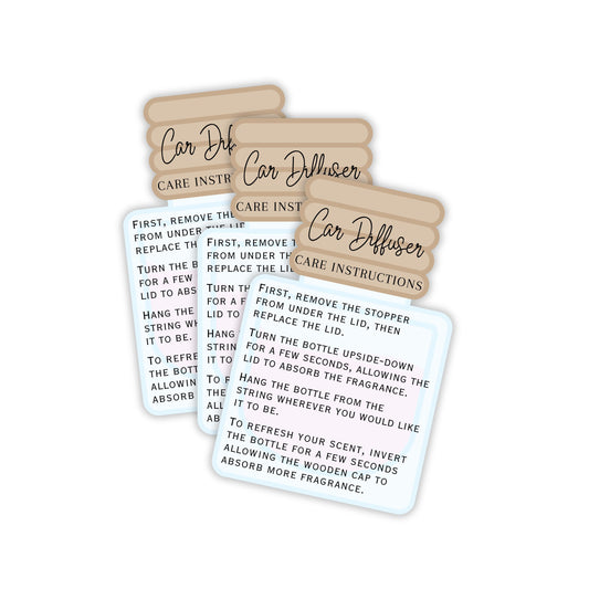 Car Oil Hanging Diffuser Instruction Care Card | 50 Pk 2x3” inches Wooden Bottle Die Cut Shape