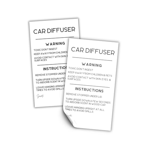 Car Oil Diffuser Vent Warning Labels and Instruction Stickers | 250 per Roll 2x3.5” Scent Write in How to Use Minimalist Card Air Freshie Freshener