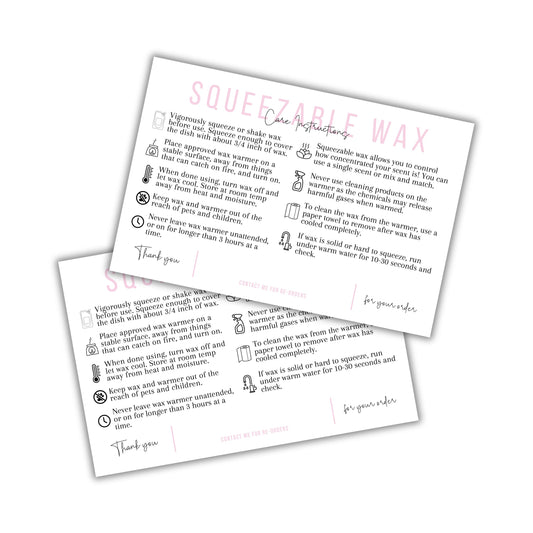 Squeezy Squeezable Wax Bottle Care Instruction Cards | 30 pk 4x6”