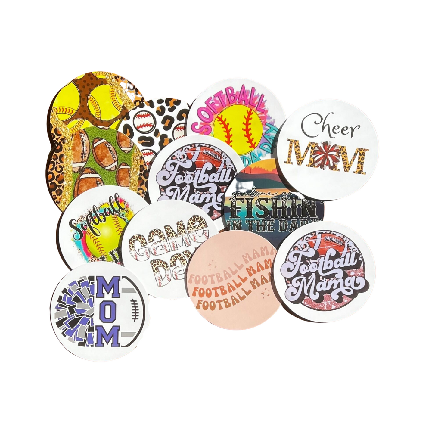 Freshie Sports Cardstock Cutouts Rounds 2.5” inch for Freshies Random Mix | 12 pk | For Scented Aroma Beads Bake with Mold for Car Freshie Designs, Softball, Baseball, Football, Pom and Cheer, Fishing
